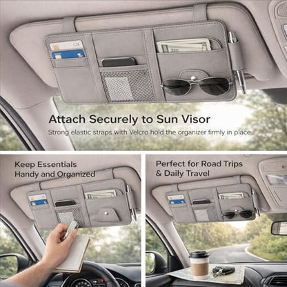 Car Sun Visor Multi-Pocket Organizer — Gray (Universal Car/SUV/Truck Storage Pouch) - color: Gray