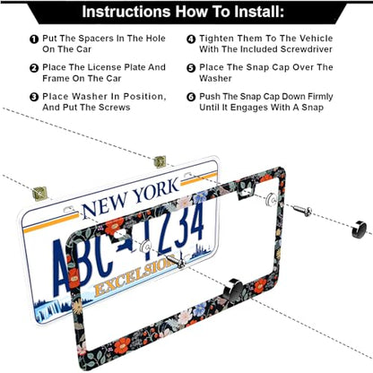 Floral Flowers Strawberries License Plate Frames, 2 Pack Floral Strawberry Car Plate Frame, Stainless Steel License Plate Holders Covers with Free Screws Fasteners Caps (Flowers Strawberries) - color: Flowers Strawberries