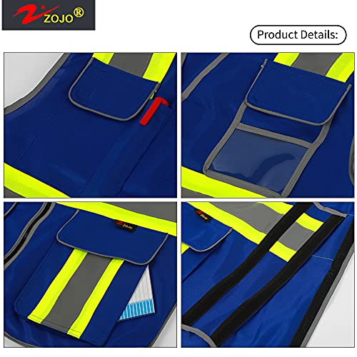 zojo High Visibility Safety Vest, 5PCS,Reflective with Multi-Functional Pockets and Zipper,for Men Women work(Blue-Strip) - color: Blue-strip
