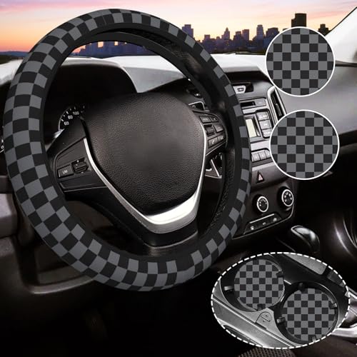 Dark Gray Checkered Steering Wheel Cover for Women, Universal Auto Steering Wheel 14-15 Inch Car Interior Accessories with 2PCS Car Coasters, Suitable for Men and Women - color: Dark gray