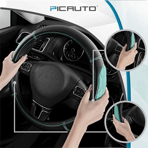 PIC AUTO Steering Wheel Cover, Mint Thick Rhombic Foam and Premium Leather, Universal 14.5-15.5 Inch Breathable Anti-Slip Steering Wheels Accessories for Men & Women - color: Mint