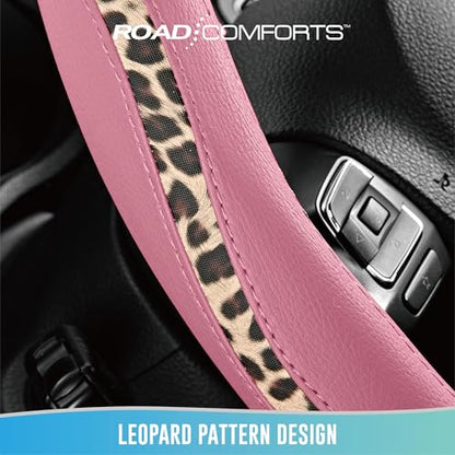Road Comforts Steering Wheel Cover - Made with PVC Leather and Leopard Fabric - Universal 14 1/2 inches to 15 inches for Most Automotive Steering Wheel - Cheetah Print -Pink - color: Round-Pink