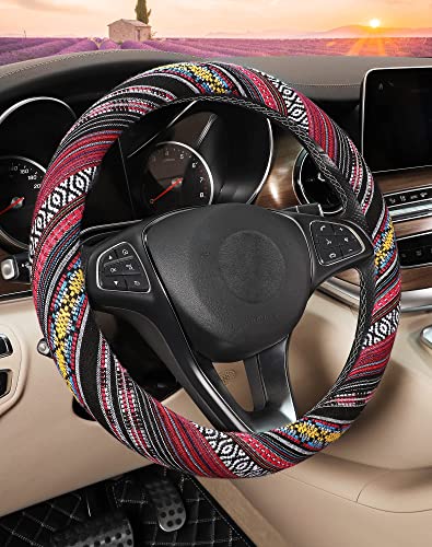 SEG Direct Boho Steering Wheel Cover with Baja Blanket Cloth, Ethnic Style Auto Wheel Cover Made of Coarse Flax, Fits 14 1/2-15 1/4 inches Car Wheel - color: Rich Fuchsia