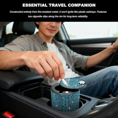 Bling Car Ashtray with Lid, Rhinestones Fireproof Auto Cup Holder Cigarette Ash Tray, Smokeless Crystal Diamond Ashtray Mini Trash Can for Women Girls, Car Accessories (Blue) - color: Blue