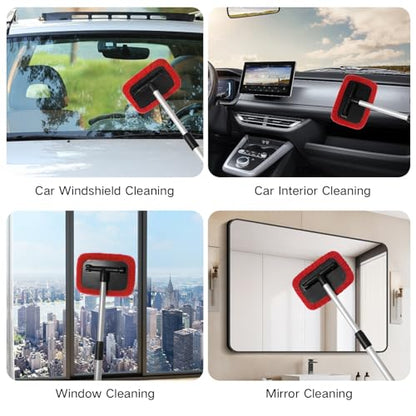 Qydipclin 11pcs Windshield Cleaner Tool, Car Window Cleaning Wash Kit with 6 Reusable Microfiber Pads 2 Spray Bottles and Extendable Handles Auto Glass Wiper Kit, Red - color: Red