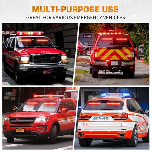 XRIDONSEN 2 in 1 Red Emergency Strobe Traffic Advisor Light Bar 144 LED Warning Safety Interior Dash Windshield Lights Deck Split Mount for Police Volunteer Firefighter Vehicles Trucks (2x17.7 inch) - color: Red