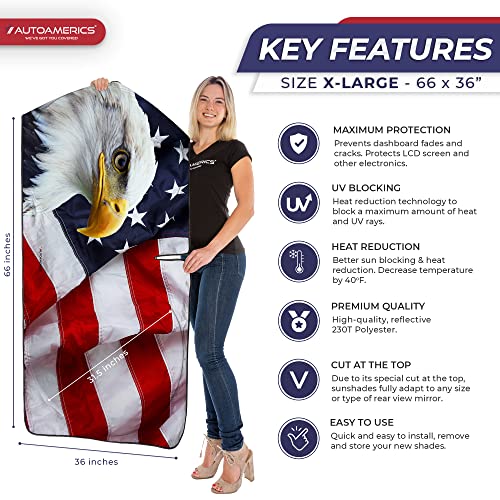 Autoamerics Truck Windshield Sun Shade with Storage Pouch & Anti-Slip Dash Pad - Foldable American Eagle Flag-3 Design - Fits Most SUVs & Trucks - Blocks UV Rays, Keeps Car Cool | X-Large (66 x 36 in) - color: USA EAGLE FLAG-3, size: X-large = 66 X 36 Inc