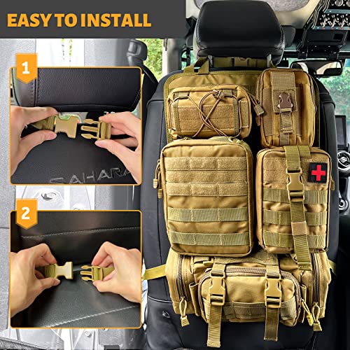 Universal Tactical Seat Back Organizer Vehicle Molle Panel Organizer Storage Bag with 5 Detachable Molle Pouch, Khaki - color: Khaki