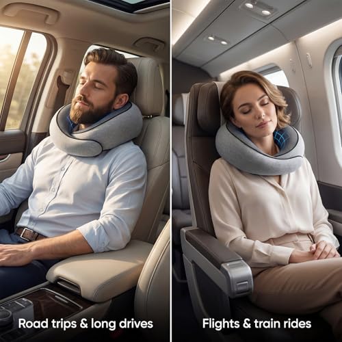 Memory Foam Neck Travel Pillow – 360° Adjustable Support, Breathable Washable Cover, Eye Mask & Earplugs, Carry Bag – Compact Airplane Pillow for Plane/Car/Train/Office (Grey)