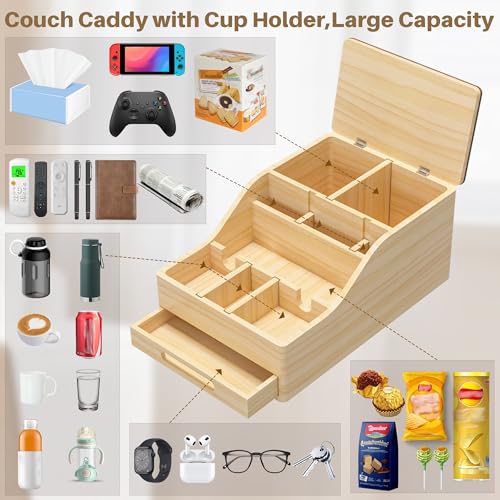 Couch Caddy with Cup Holders, Multi-Use Sofa Table with Flip Top Push-Pull Drawer, Sturdy Pine Wood Hold Hands Couch Cup Holder for Car, Living Room, Bedroom, Vanity