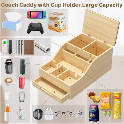 Couch Caddy with Cup Holders, Multi-Use Sofa Table with Flip Top Push-Pull Drawer, Sturdy Pine Wood Hold Hands Couch Cup Holder for Car, Living Room, Bedroom, Vanity