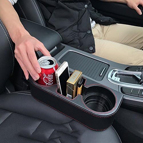 IOKONE Car Cup Holder, Auto Cup Drink Holders，Multifunctional Auto Front Seat Organizer with PU Leather Cover, Gap Filler Storage Box Coin Bucket Console Side Pocket Cell Mobile Phone Holder (Black) - color: Black