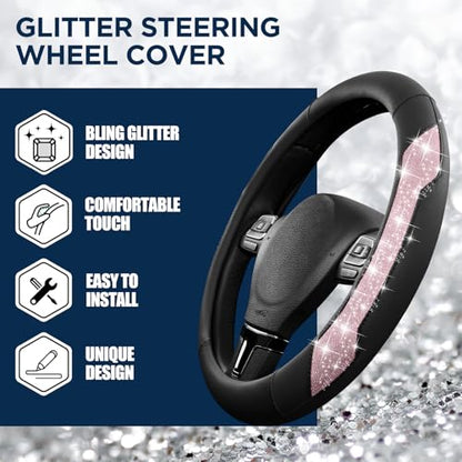 PIC AUTO Steering Wheel Cover, Pink Sparkly Crystal Bling Glitter with Leather, Universal Fit 14.5"-15.5" Car Steering Wheels for Girls & Women, Anti-Slip Wheels Cover for Cars, Trucks, Van, SUVs - color: Pink Glitter