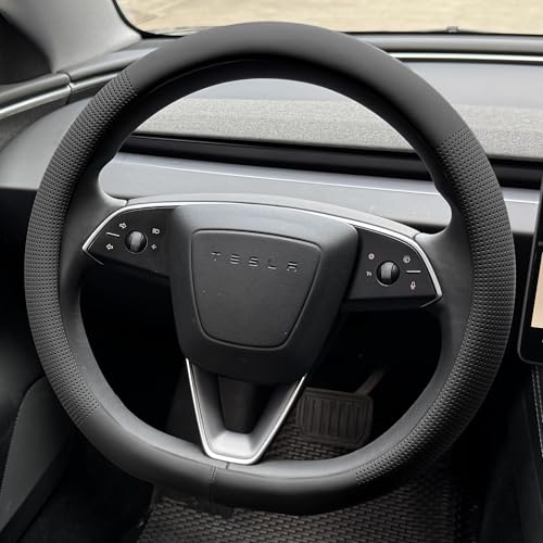 PINCTROT Nappa Leather Steering Wheel Cover for Tesla Model Y/3 Highland/Juniper, D Shaped 14 Inch Small Sized with Breathable Perforation, Fit Like Gloves, Flat Bottom 14 Inch(Nappa Black) - color: 01.Black, size: Small D Shaped/Flat Bottom[14''-14 1/4''