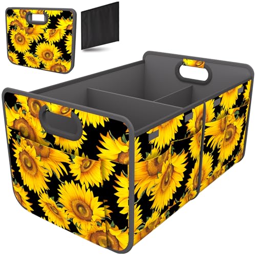 Homeve Trunk Organizer, Car Storage, Reinforced Handles, Collapsible Multi-Compartment, Foldable, Waterproof, Sturdy, 600D Oxford Polyester For Car, SUV, Mini-Van, Sunflower, 2 Compart - color: Sunflower, size: 2 Compart