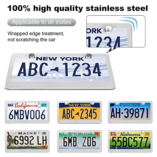 QUANQIUFEI 2 Pack License Plate Frames, Stainless Steel Car License Plate Cover Car Accessories with Screw Caps (Silver) - color: Silver