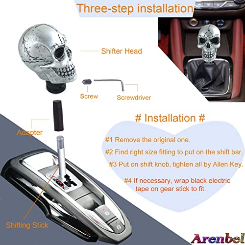 Arenbel Car Gear Lever Grip Knobs Skull Head Racing Shift Stick Manual Shifter Handle Fit Most Auto Manual Vehicles, Silver - color: Silver