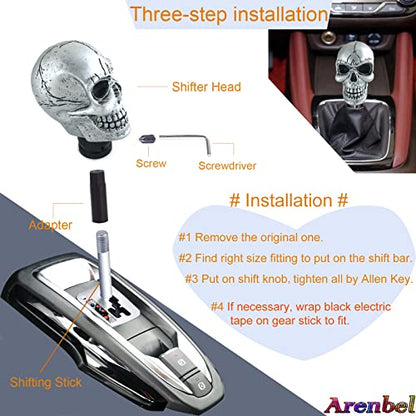 Arenbel Car Gear Lever Grip Knobs Skull Head Racing Shift Stick Manual Shifter Handle Fit Most Auto Manual Vehicles, Silver - color: Silver