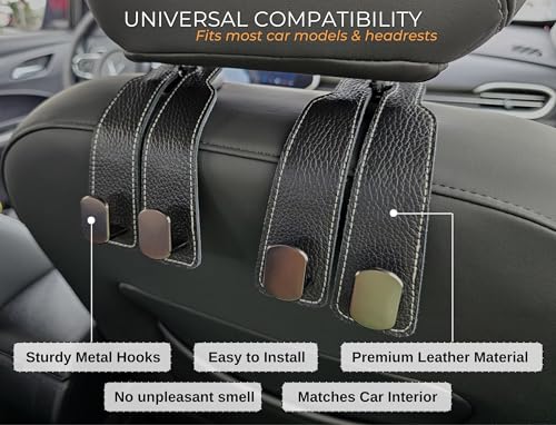 2 Pack Car Seat Back Storage Hooks - Headrest Hooks for Purses and Bags, Leather (Black) - color: Black
