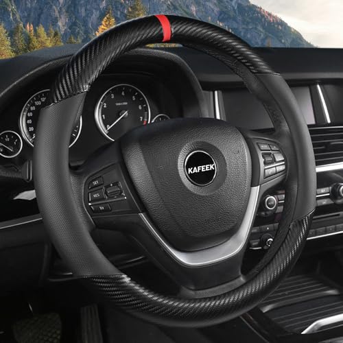 KAFEEK Carbon Fiber Steering Wheel Cover for Men, Universal 15 inch Leather Car Steering Wheel Cover, Anti-Slip & Breathable, Microfiber Leather Automotive Accessories, Sporty Design, Black - color: Black, size: Standard Size[14.5"-15"]