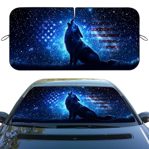 Howling Wolf Car Windshield Sunshades Patriotic USA Flag Starry Night Sky Front Window Sun Shade Blocks UV Rays Sun Visor Protector for Car Sedan Truck SUV Accessories 59" L x 31.5" W - color: Howling Wolf