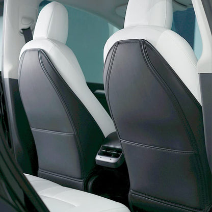 Car Seat Protectors Designed for Tesla Model Y/3 Accessories (Includes 2025 Model Y Juniper & Model 3 Highland), Wear Resistant Leather Kick Mats with More Space Pocket, Set of 2