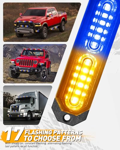 HLauto 1200T Emergency Strobe Grille Lights: 8pcs 12 LED Sync Feature Safety Warning Flashing Lights, Ultra Slim Surface Mount Hazard Caution Lights for Trucks, Vehicles, Car, ATV, UTV (Amber Blue) - color: Amber/Blue