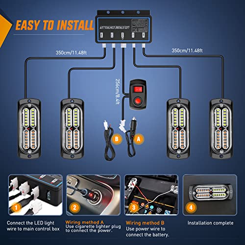 Nilight 4PCS LED Strobe lights 12V Sync Feature Amber White 24LED Emergency Hazard Warning Lights with Controller Hard Wire or Cigarette Lighter Plug for Car Truck RVs Campers - color: Amber White w/Controller