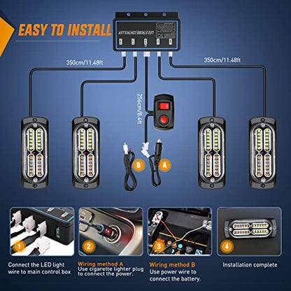 Nilight 4PCS LED Strobe lights 12V Sync Feature Amber White 24LED Emergency Hazard Warning Lights with Controller Hard Wire or Cigarette Lighter Plug for Car Truck RVs Campers - color: Amber White w/Controller