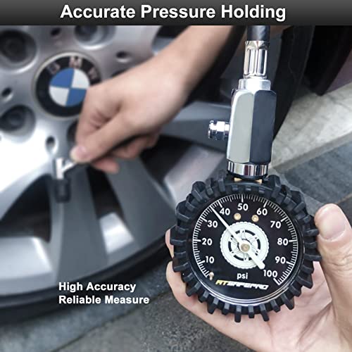 Tire Pressure Gauge 100psi Glow in The Dark, ATsafepro 2.5” Dial Mechanical Tire Gauges for Tire Pressure, Certificated Accuracy Analog Air Pressure Gauge for Cars, Trucks, Bicycles. - size: 100PSI