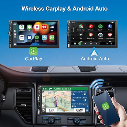 Wireless Double Din Car Stereo Works with Apple Carplay,7 Inch HD 1024 * 600 Touchscreen with Bluetooth 5.1,FM Car Radio,GPS Navigation,Backup Camera,Android Auto,Voice Control,USB/AUX/TF/SWC