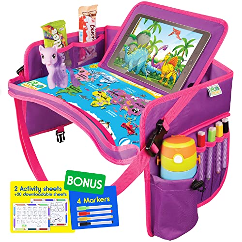 Kids Travel Tray - Waterproof Lap Table with No-Drop Large Tablet Holder - Car Seat Tray - Road Trip Essentials Kids - Car Desk Organizer for Airplane - Toddler Travel Essentials (Pink) - color: PINK