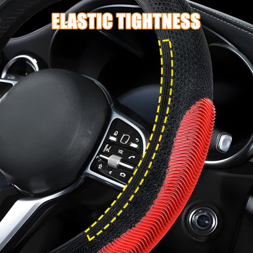 Elastic Stretch Car Steering Wheel Cover, Breathable No Inner Ring Vehicle Steering Wheel Protector, 15 Inch Ice Silk Anti Slip Automotive Accessories, Universal Fit (Black/Red) - color: Black/Red