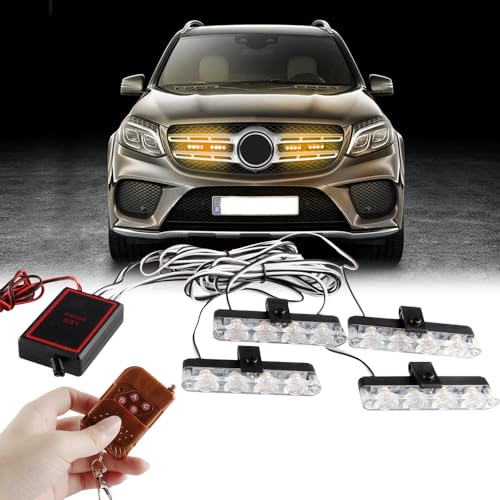 4 in 1 12V Emergency Strobe Warning Grille Lights Caution Flash Lights For Car Truck DRL Ambulance Police Lights Remote Control Wireless-Amber - color: amber, size: 4 in 1
