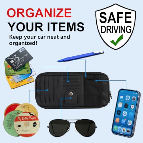 Car Visor Organizer CD Holder, Faux Leather Multi-Pocket Organizer Storage for Car/SUV/Truck with 13 CD Storage Sleeves, Sunglass Clip, Card Holder, CD Case Holder, Visor Accessories - style: Regular model-Black