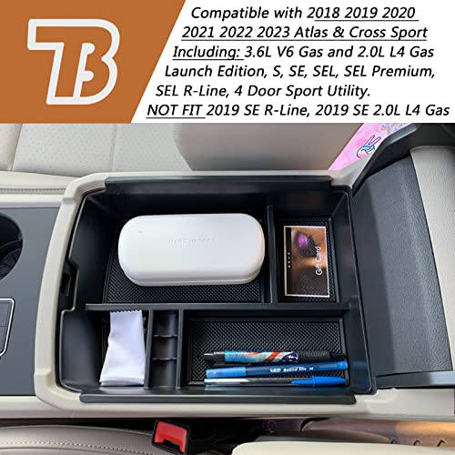 Center Console Organizer Tray Compatible with Atlas Accessories 2018 2019 2020 2021 2022 2023 Cross Sport Armrest Glove Box Secondary Storage Divider ABS Materials - Black Trim