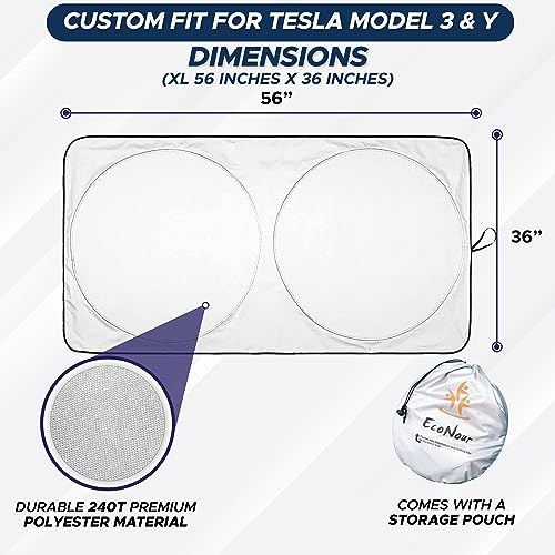 EcoNour Windshield Sun Shade Compatible for Tesla Model 3 & Model Y 2017–2026 | Custom Fit EV Front Window Sunshade | Foldable Heat & UV Reflective Sun Visor - size: Custom Fit