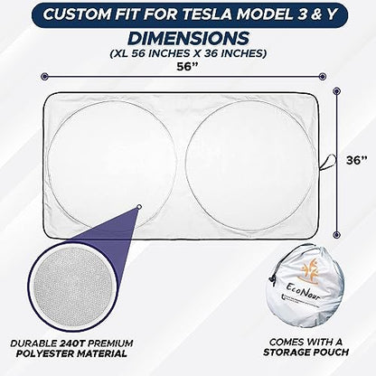 EcoNour Windshield Sun Shade Compatible for Tesla Model 3 & Model Y 2017–2026 | Custom Fit EV Front Window Sunshade | Foldable Heat & UV Reflective Sun Visor - size: Custom Fit