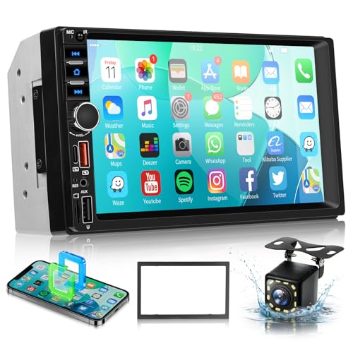 7 Inch Double Din Car Stereo, Touch Screen Bluetooth Car Radio Support Mirrorlink FM Radio EQ Fast Charging, Sellrich 2 Din Head Unit with USB/Type-C/TF Card/Aux Ports Backup Camera+Frame