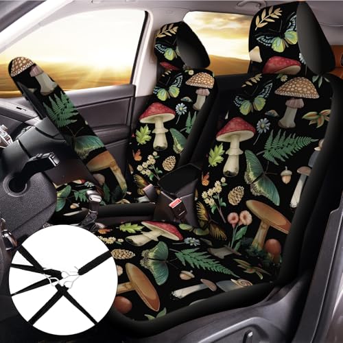 Riakrum 17 Pcs Mushroom Car Seat Covers Mushroom Car Accessories Full Set for Women Men Automotive Rear Front Seat Protector View Mirror Hanging Ornament Steer Wheel Belt Cover (Butterfly Mushrooms) - style: Butterfly Mushrooms