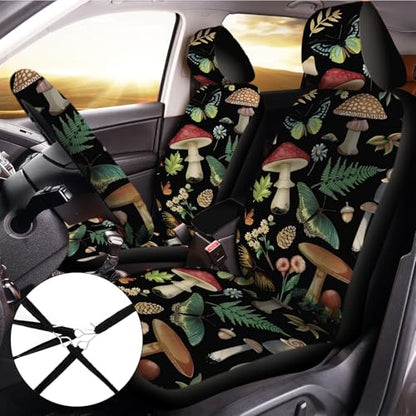 Riakrum 17 Pcs Mushroom Car Seat Covers Mushroom Car Accessories Full Set for Women Men Automotive Rear Front Seat Protector View Mirror Hanging Ornament Steer Wheel Belt Cover (Butterfly Mushrooms) - style: Butterfly Mushrooms