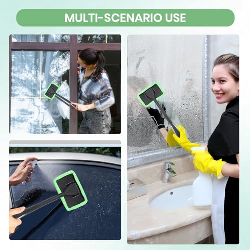 Windshield Cleaner Tool Car Window Cleaner with 6 Reusable and Washable Microfiber Pads and Extendable Handle Auto Inside Glass Wiper Kit (Green)