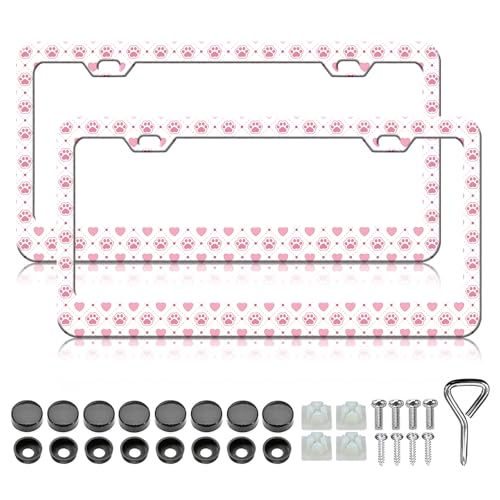 Dog Paw License Plate Frame - 2PCS Cute Dog Paws Pink Hearts Stainless Steel Metal License Plate Holder, Rust-Proof Waterproof Car Decorative Tag Frames - color: Cute Dog Paws