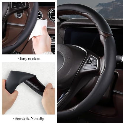 Car Steering Wheel Cover Leather Snap On 3Pcs Set Non-Slip Protector Wrap Steering Wheel Accessories 14.5-15 inch Universal Black - color: Black B