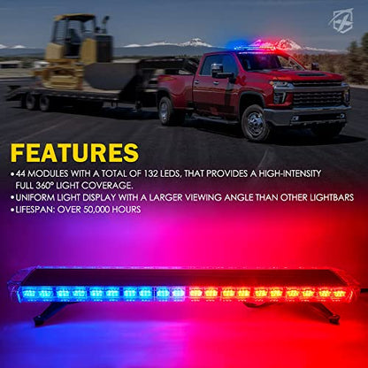Xprite 48 Inch LED Rooftop Emergency Strobe Lights Bar w/Adjustable Mounting Brackets, Warning Flashing Police Lightbar for Security POV Law Enforcement Tow Trucks Volunteer Firefighter - Red Blue - color: Red Blue