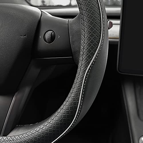 LKWLIKEI Nappa Leather Ultra-Thin Steering Wheel Cover, for Tesla Model 3/Y Steering Wheel Cover, Non-Slip Design and Interior Modification of car Accessories. - color: Black and White