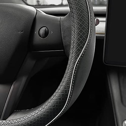 LKWLIKEI Nappa Leather Ultra-Thin Steering Wheel Cover, for Tesla Model 3/Y Steering Wheel Cover, Non-Slip Design and Interior Modification of car Accessories. - color: Black and White