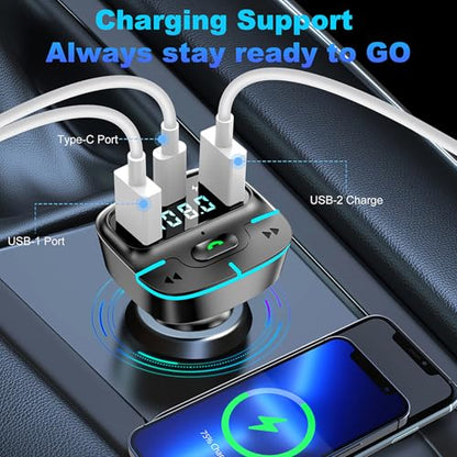 Bluetooth Car Adapter, Wireless Radio Adapter USB C Car Charger MP3 FM Transmitter, Support U Disk/Hands Free Calling