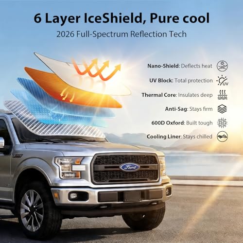 Upgraded Windshield Sun Shade for Ford F-150/Explorer, Trucks & SUVs [Nano Ice-Crystal Cooling, 99.9% Sun Protection] Foldable Sunshade with Storage Bag, Car Accessories, L(64 x 34 in) - size: L | 64"L x 34"W