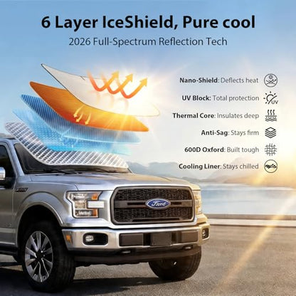 Upgraded Windshield Sun Shade for Ford F-150/Explorer, Trucks & SUVs [Nano Ice-Crystal Cooling, 99.9% Sun Protection] Foldable Sunshade with Storage Bag, Car Accessories, L(64 x 34 in) - size: L | 64"L x 34"W